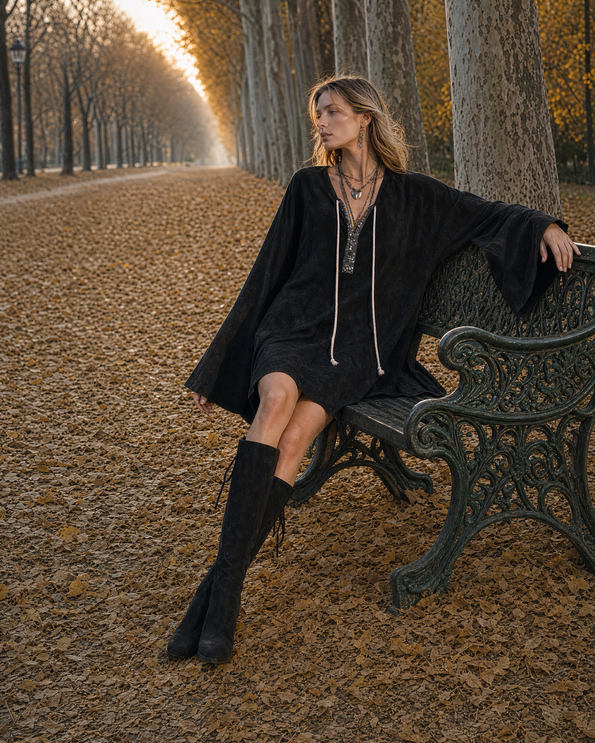 Bohemian Black Velvet V-neck Bell-sleeve Beaded Mini Dress MVA002310AA