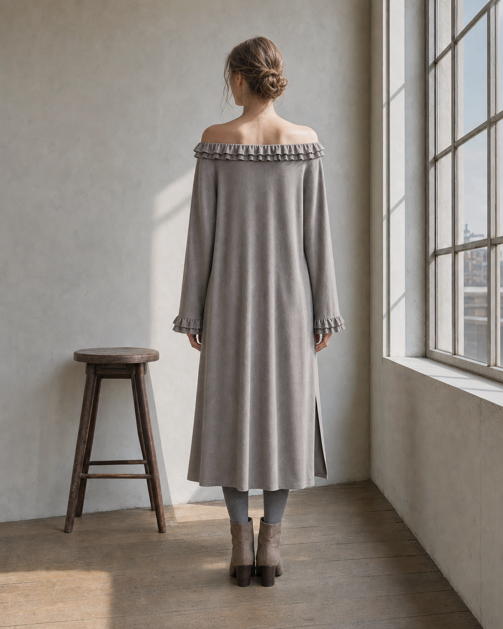 Casual Grey Knit Off-shoulder Long-sleeve Ruffle Midi Dress MVA002320AA
