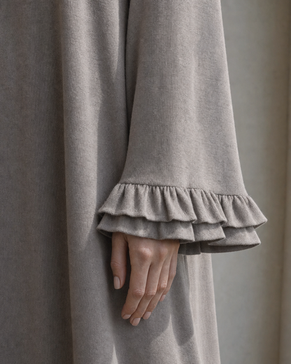 Casual Grey Knit Off-shoulder Long-sleeve Ruffle Midi Dress MVA002320AA