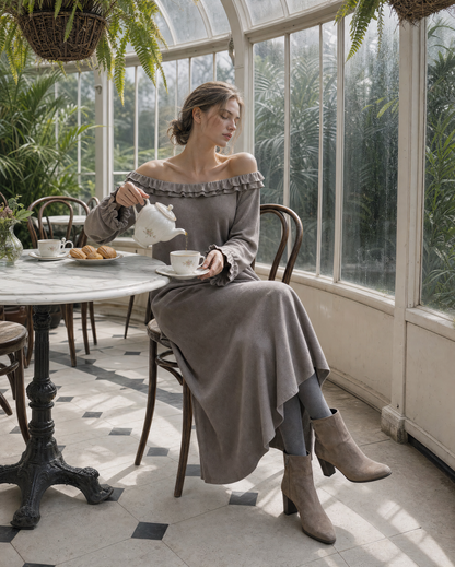 Casual Grey Knit Off-shoulder Long-sleeve Ruffle Midi Dress MVA002320AA