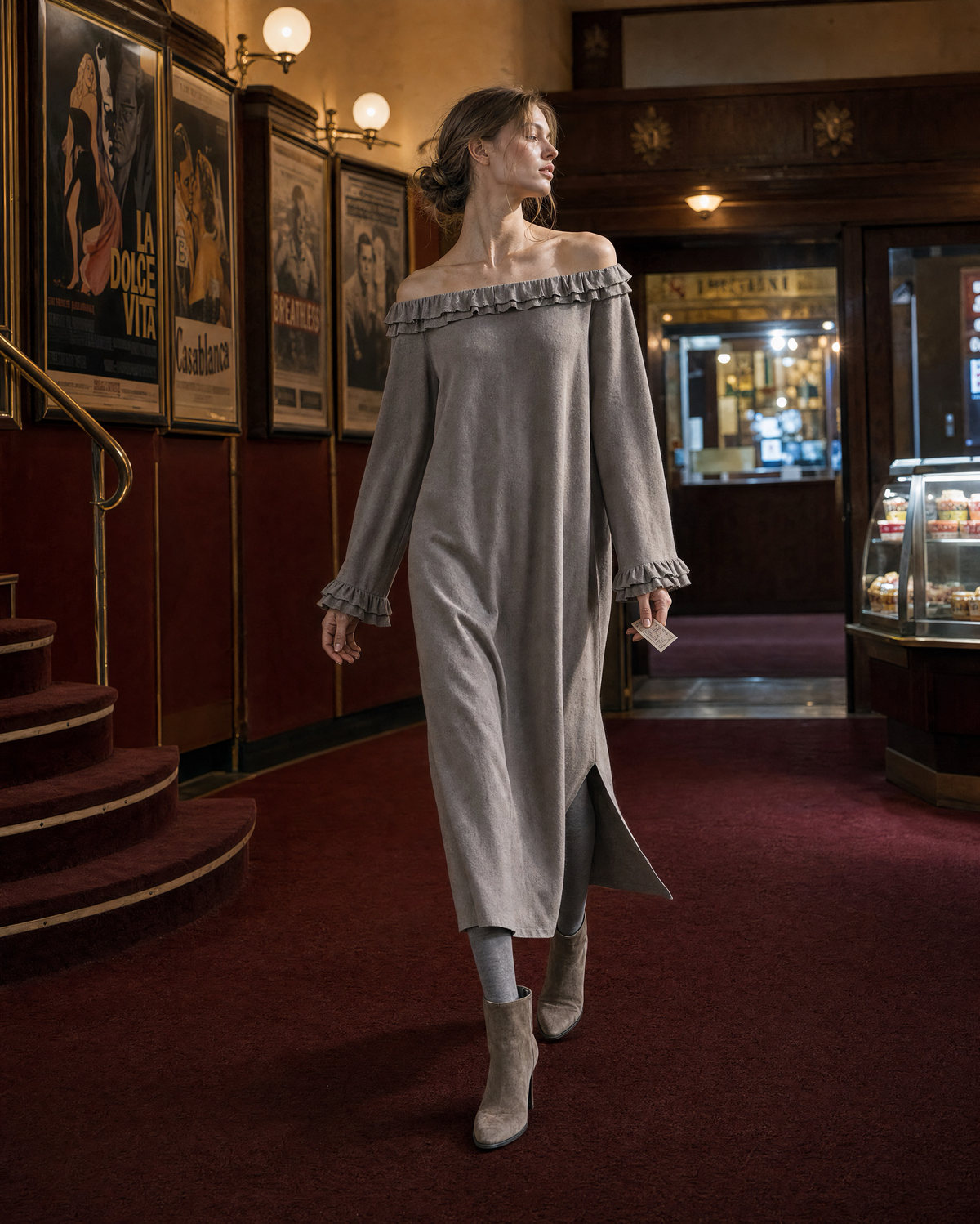 Casual Grey Knit Off-shoulder Long-sleeve Ruffle Midi Dress MVA002320AA