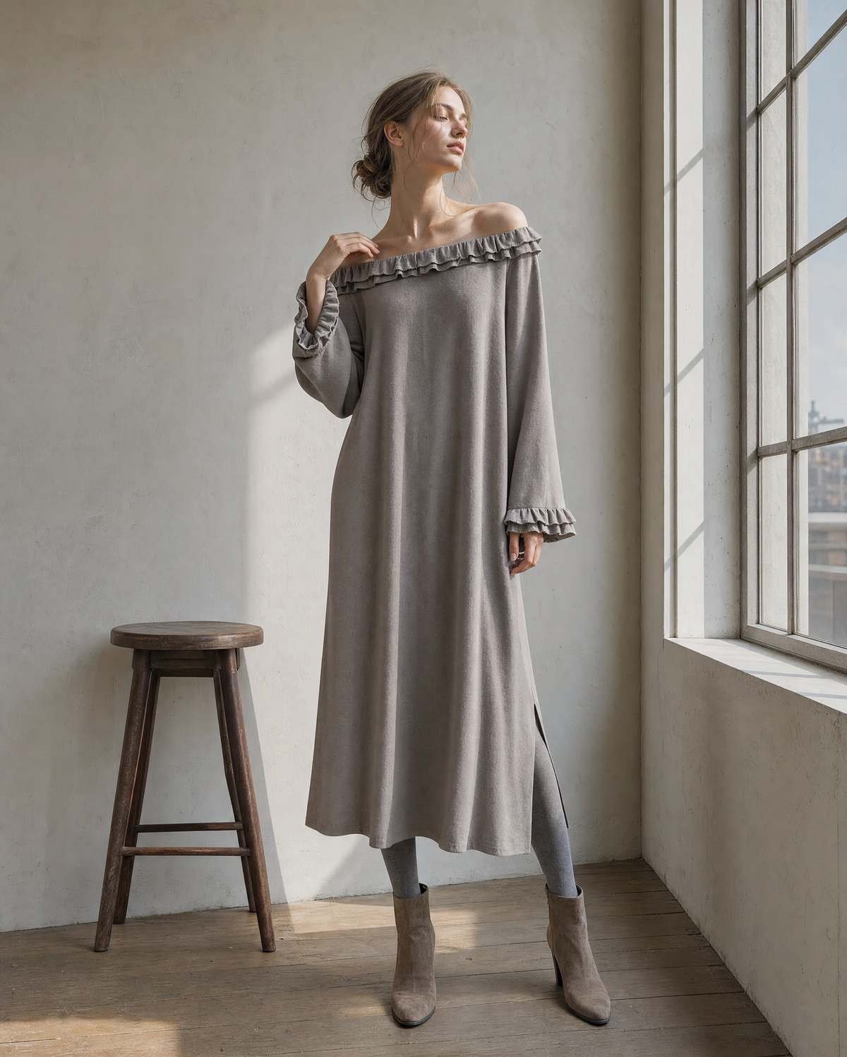 Casual Grey Knit Off-shoulder Long-sleeve Ruffle Midi Dress MVA002320AA