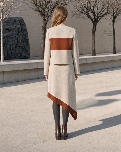 Elegant Beige And Rust Wool-blend Colorblock Round-neck Long-sleeve Jacket And Asymmetric Midi Skirt Set MVA002330AA