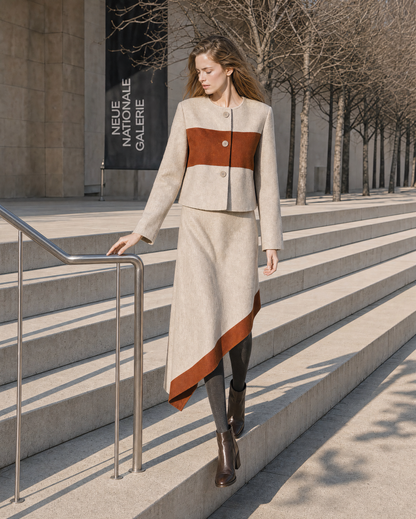 Elegant Beige And Rust Wool-blend Colorblock Round-neck Long-sleeve Jacket And Asymmetric Midi Skirt Set MVA002330AA
