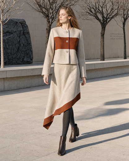 Elegant Beige And Rust Wool-blend Colorblock Round-neck Long-sleeve Jacket And Asymmetric Midi Skirt Set MVA002330AA