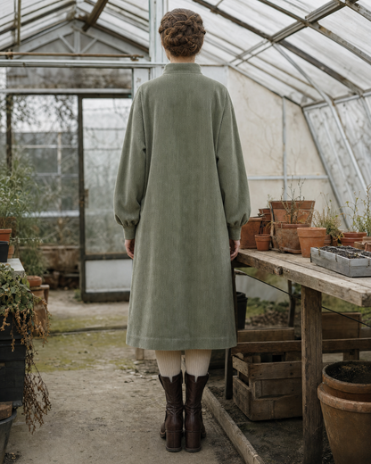 Casual Sage Green Corduroy Stand-collar Half-zip Long-sleeve Midi Dress MVA002340AA