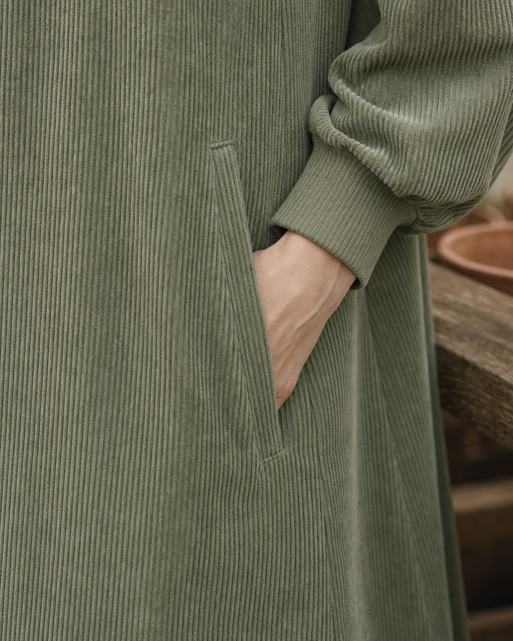 Casual Sage Green Corduroy Stand-collar Half-zip Long-sleeve Midi Dress MVA002340AA