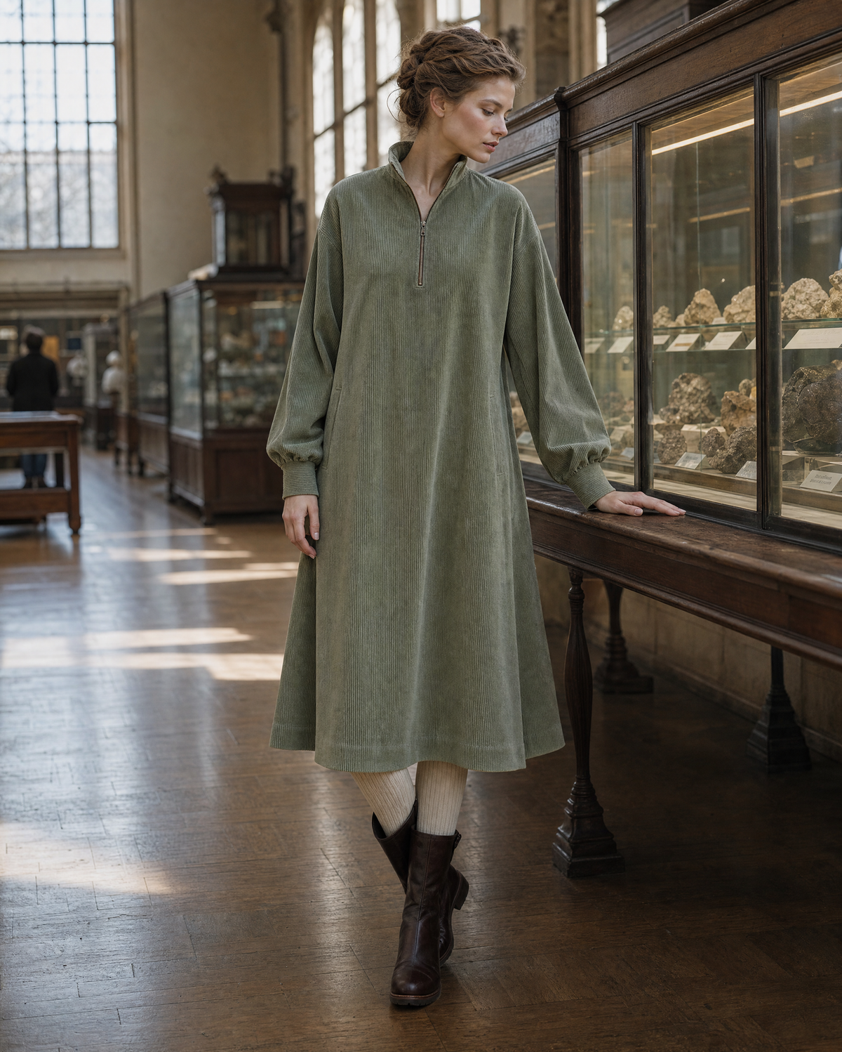 Casual Sage Green Corduroy Stand-collar Half-zip Long-sleeve Midi Dress MVA002340AA
