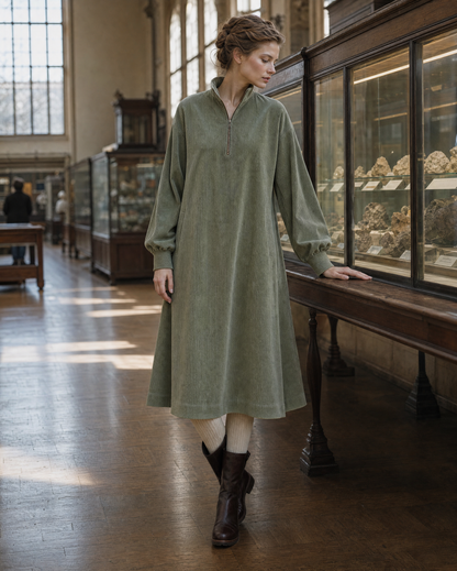 Casual Sage Green Corduroy Stand-collar Half-zip Long-sleeve Midi Dress MVA002340AA