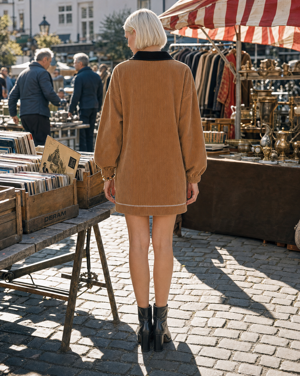 Retro Camel Corduroy Colorblock Point-collar Zip-front Long-sleeve Mini Dress MVA002360AA