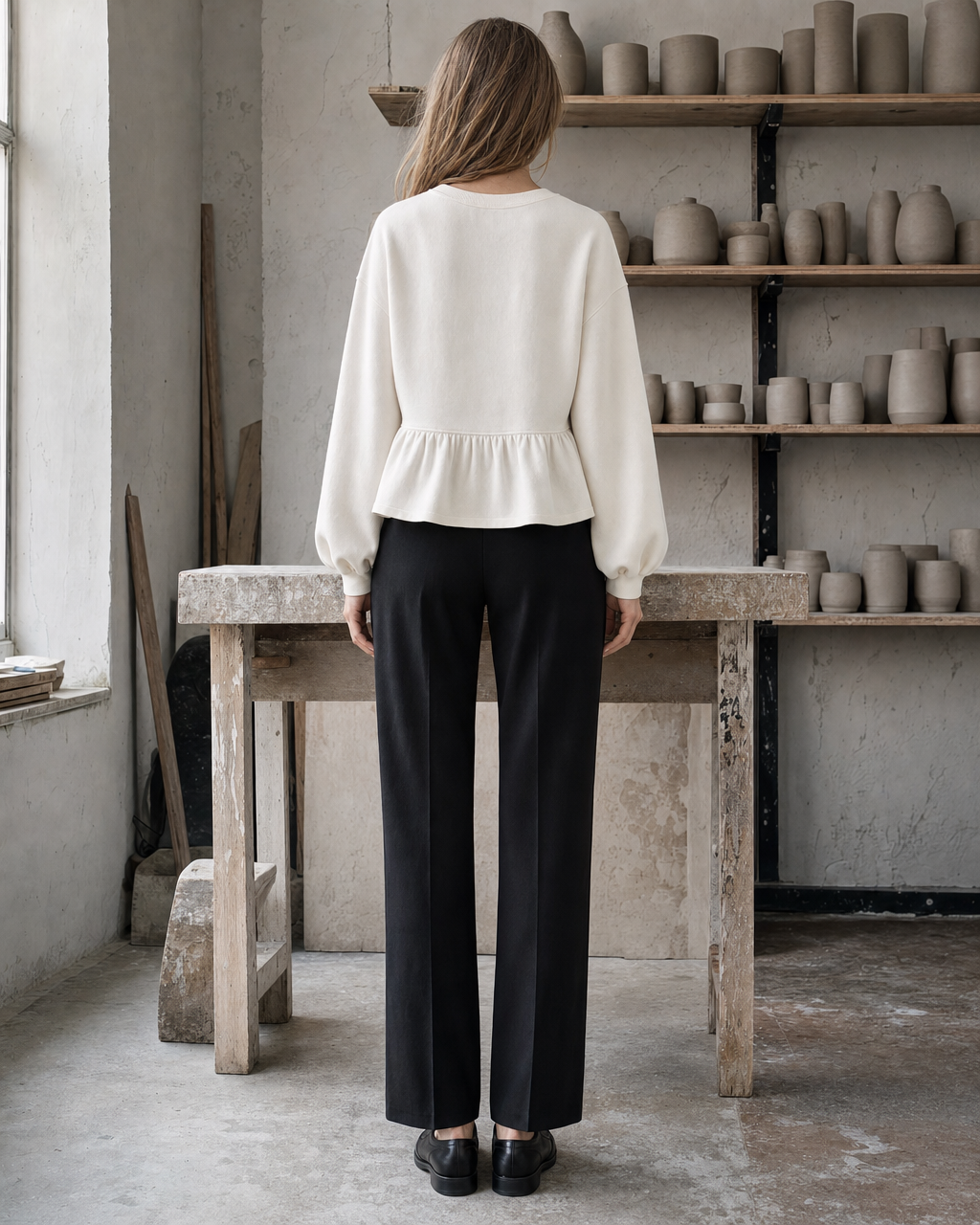 Casual Ivory Brushed Knit Round-neck Long-sleeve Peplum Sweatshirt Top MVA002370AA