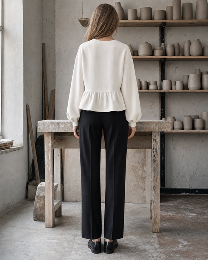 Casual Ivory Brushed Knit Round-neck Long-sleeve Peplum Sweatshirt Top MVA002370AA