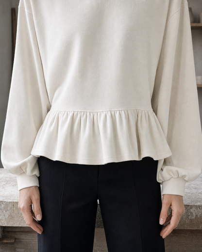 Casual Ivory Brushed Knit Round-neck Long-sleeve Peplum Sweatshirt Top MVA002370AA