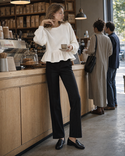 Casual Ivory Brushed Knit Round-neck Long-sleeve Peplum Sweatshirt Top MVA002370AA