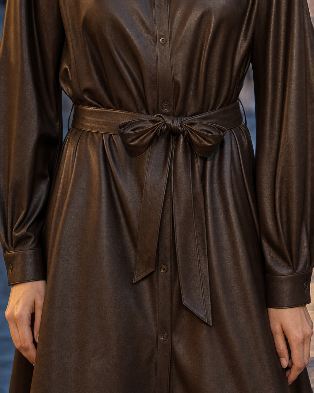 Elegant Dark Brown Faux-leather Shirt-collar Long-sleeve Belted Maxi Shirt Dress MVA002380AA
