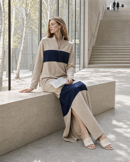 Casual Beige And Navy Knit Colorblock Stand-collar Half-zip Long-sleeve Maxi Dress MVA002390AA