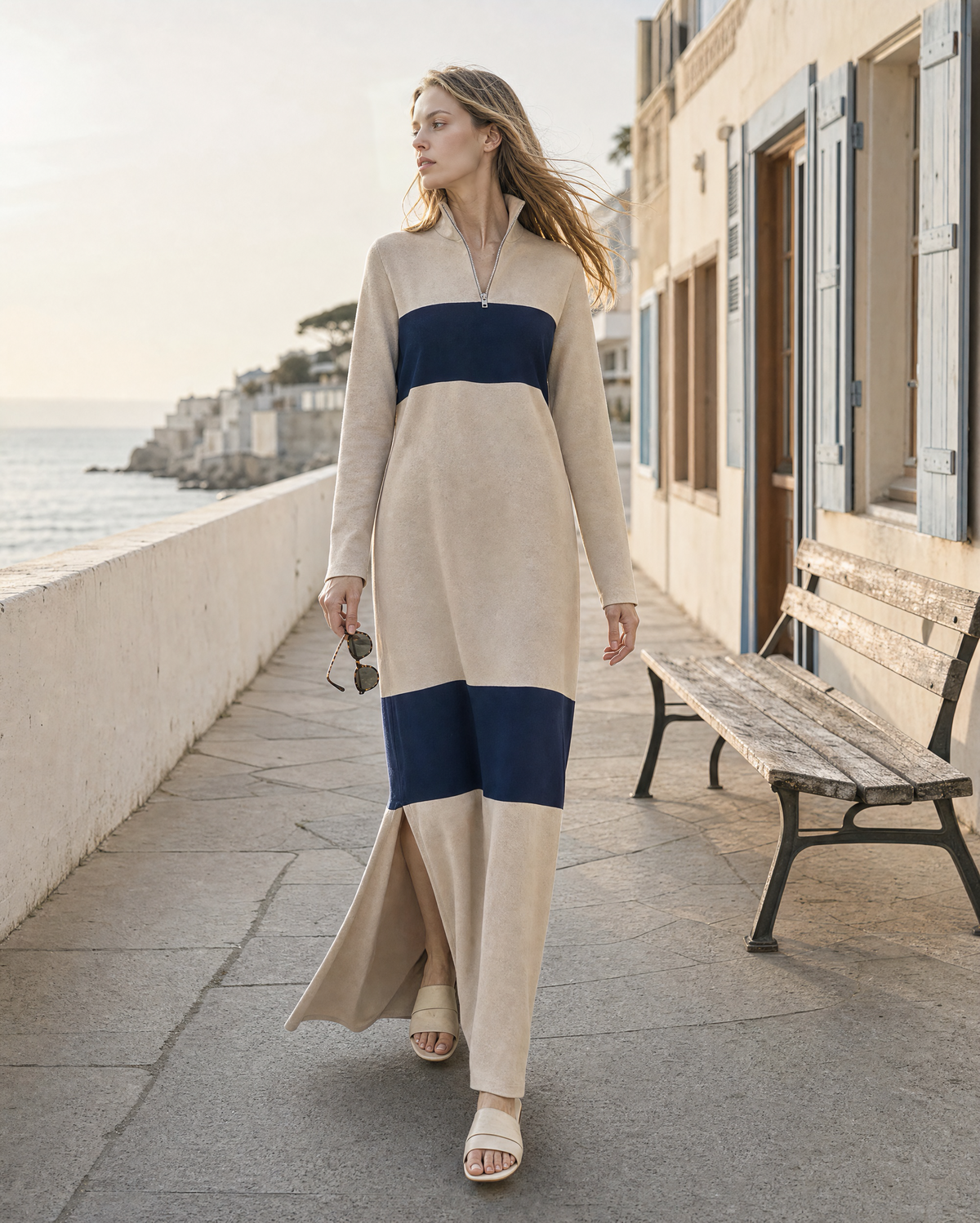 Casual Beige And Navy Knit Colorblock Stand-collar Half-zip Long-sleeve Maxi Dress MVA002390AA