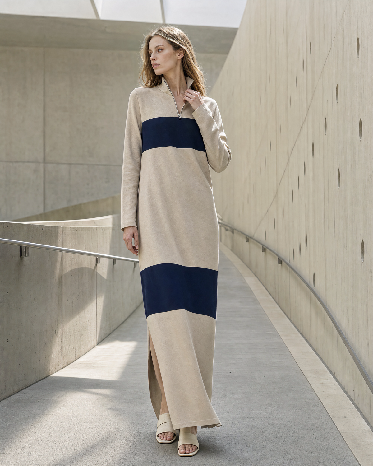 Casual Beige And Navy Knit Colorblock Stand-collar Half-zip Long-sleeve Maxi Dress MVA002390AA