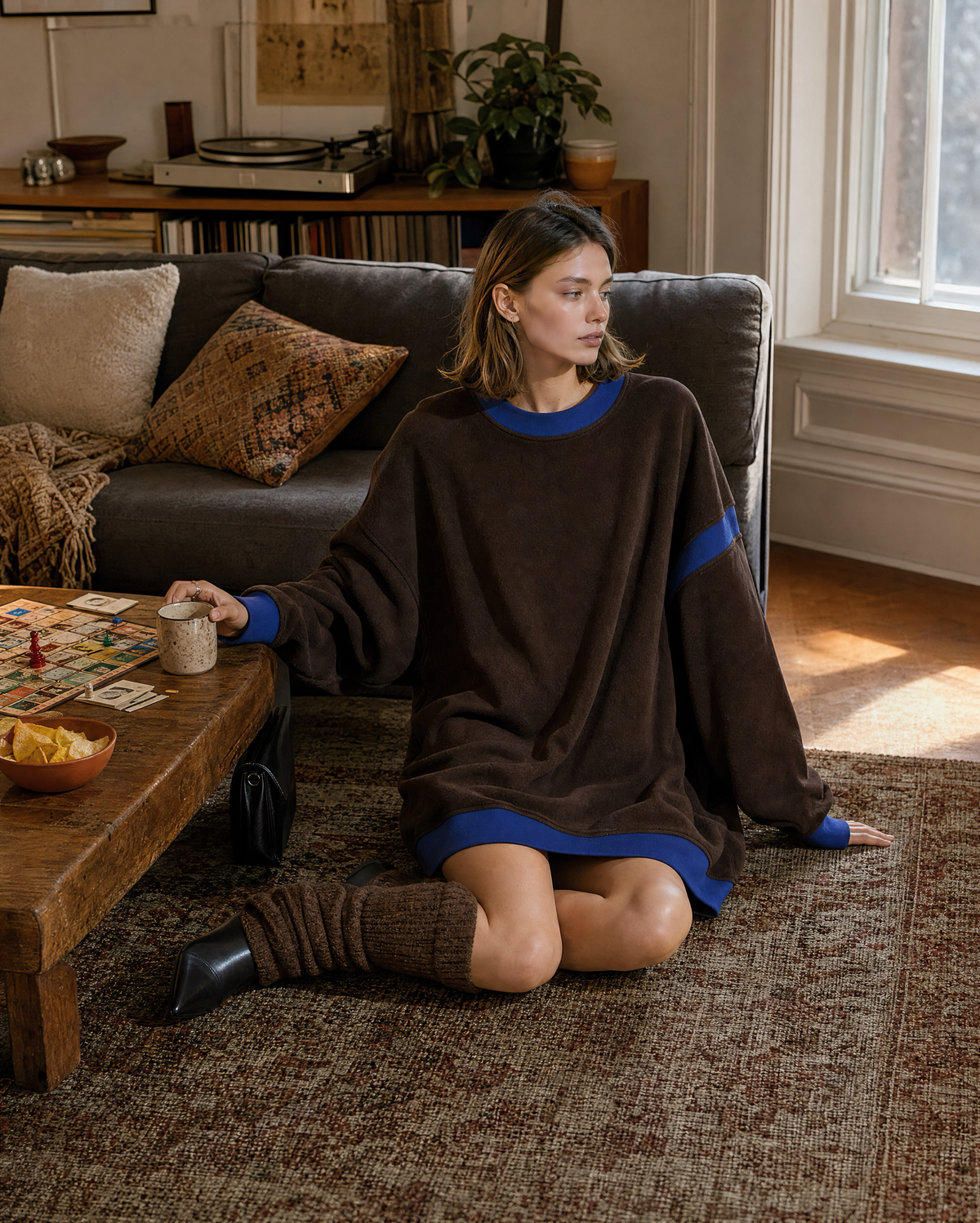 Casual Brown And Blue Knit Contrast-trim Round-neck Long-sleeve Oversized Sweatshirt Mini Dress MVA002400AA