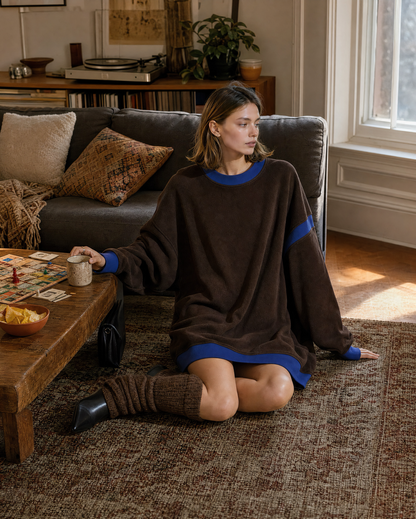 Casual Brown And Blue Knit Contrast-trim Round-neck Long-sleeve Oversized Sweatshirt Mini Dress MVA002400AA