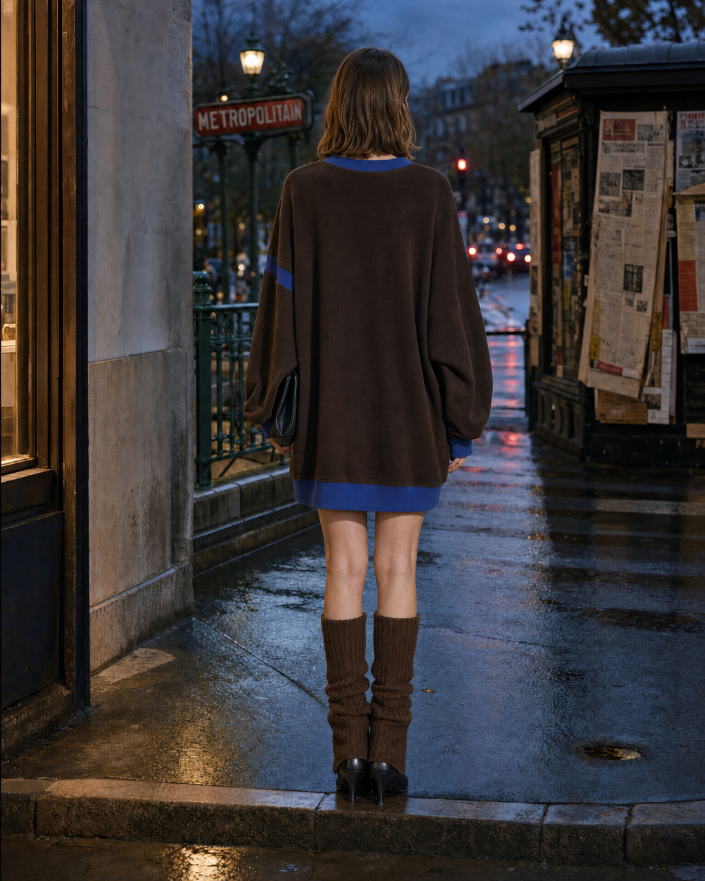 Casual Brown And Blue Knit Contrast-trim Round-neck Long-sleeve Oversized Sweatshirt Mini Dress MVA002400AA