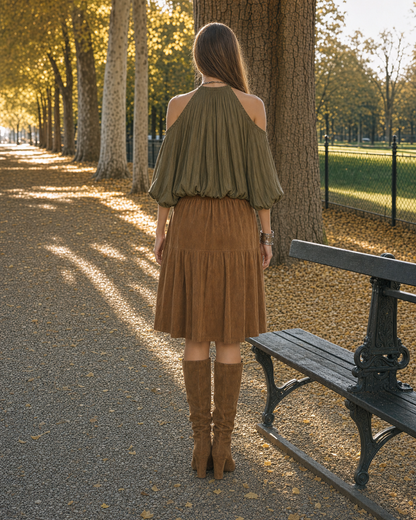 Bohemian Olive And Tan Halter Neck Cold-shoulder Blouse And Suede Pleated Midi Skirt Set MVA002410AA
