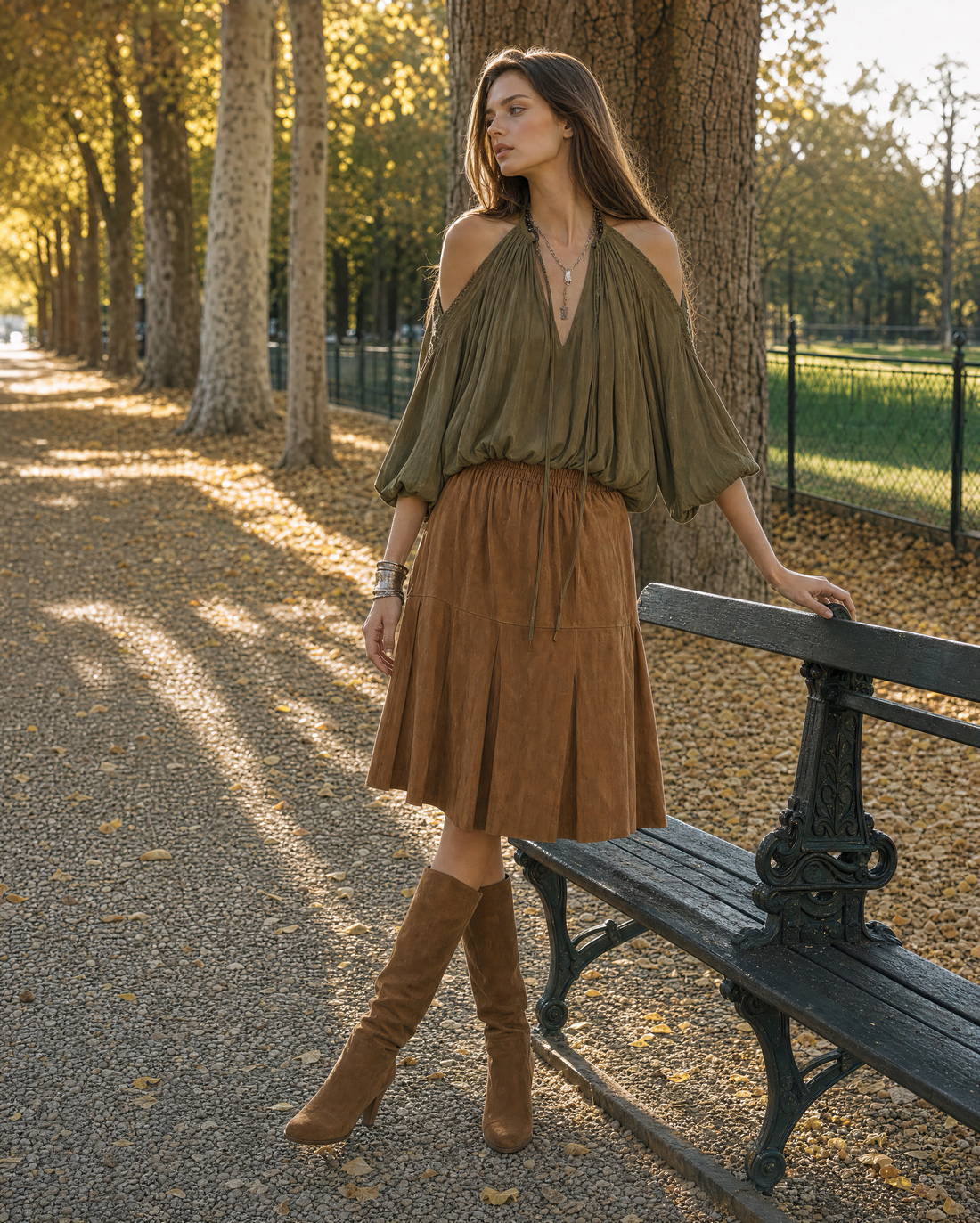 Bohemian Olive And Tan Halter Neck Cold-shoulder Blouse And Suede Pleated Midi Skirt Set MVA002410AA
