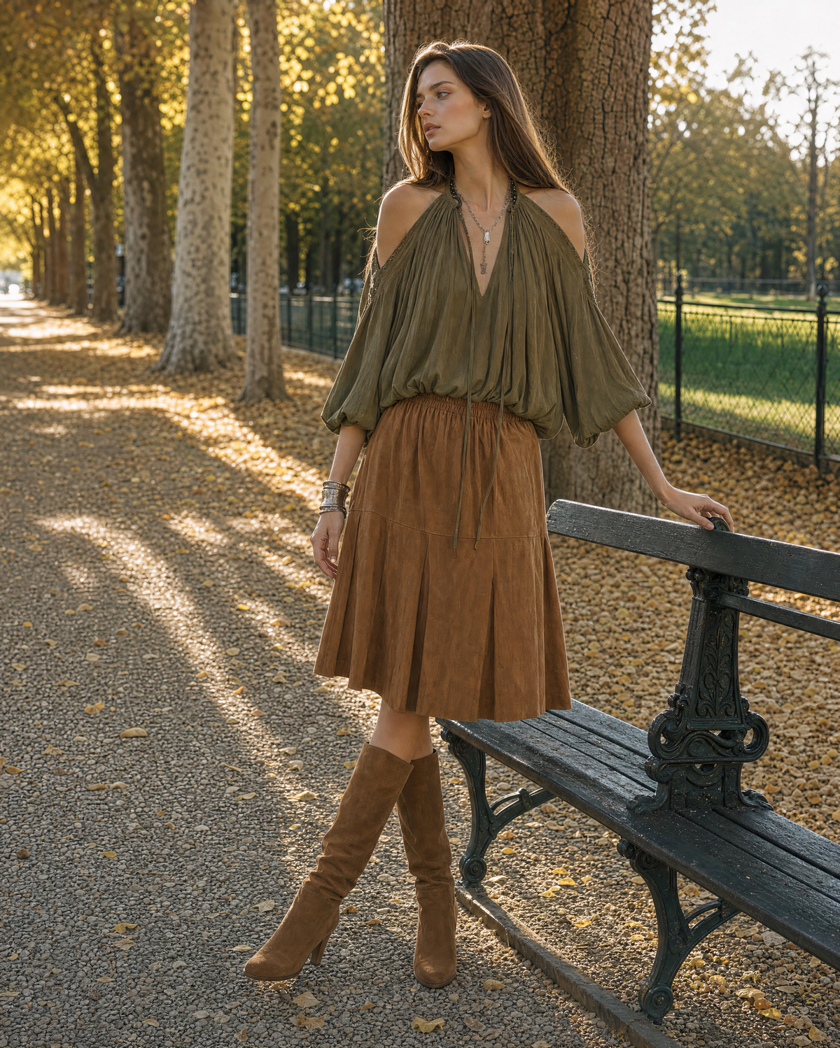 Bohemian Olive And Tan Halter Neck Cold-shoulder Blouse And Suede Pleated Midi Skirt Set MVA002410AA
