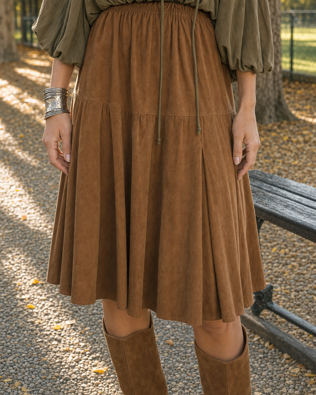 Bohemian Olive And Tan Halter Neck Cold-shoulder Blouse And Suede Pleated Midi Skirt Set MVA002410AA