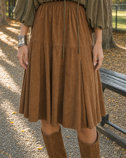 Bohemian Olive And Tan Halter Neck Cold-shoulder Blouse And Suede Pleated Midi Skirt Set MVA002410AA
