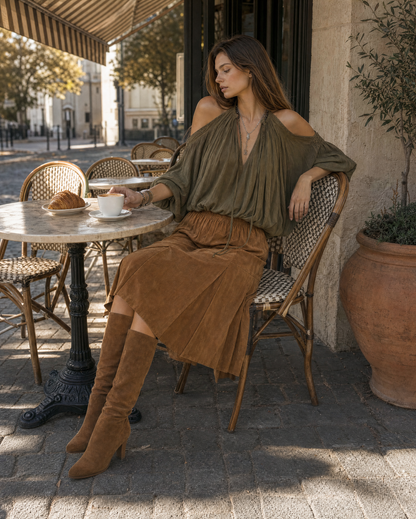 Bohemian Olive And Tan Halter Neck Cold-shoulder Blouse And Suede Pleated Midi Skirt Set MVA002410AA