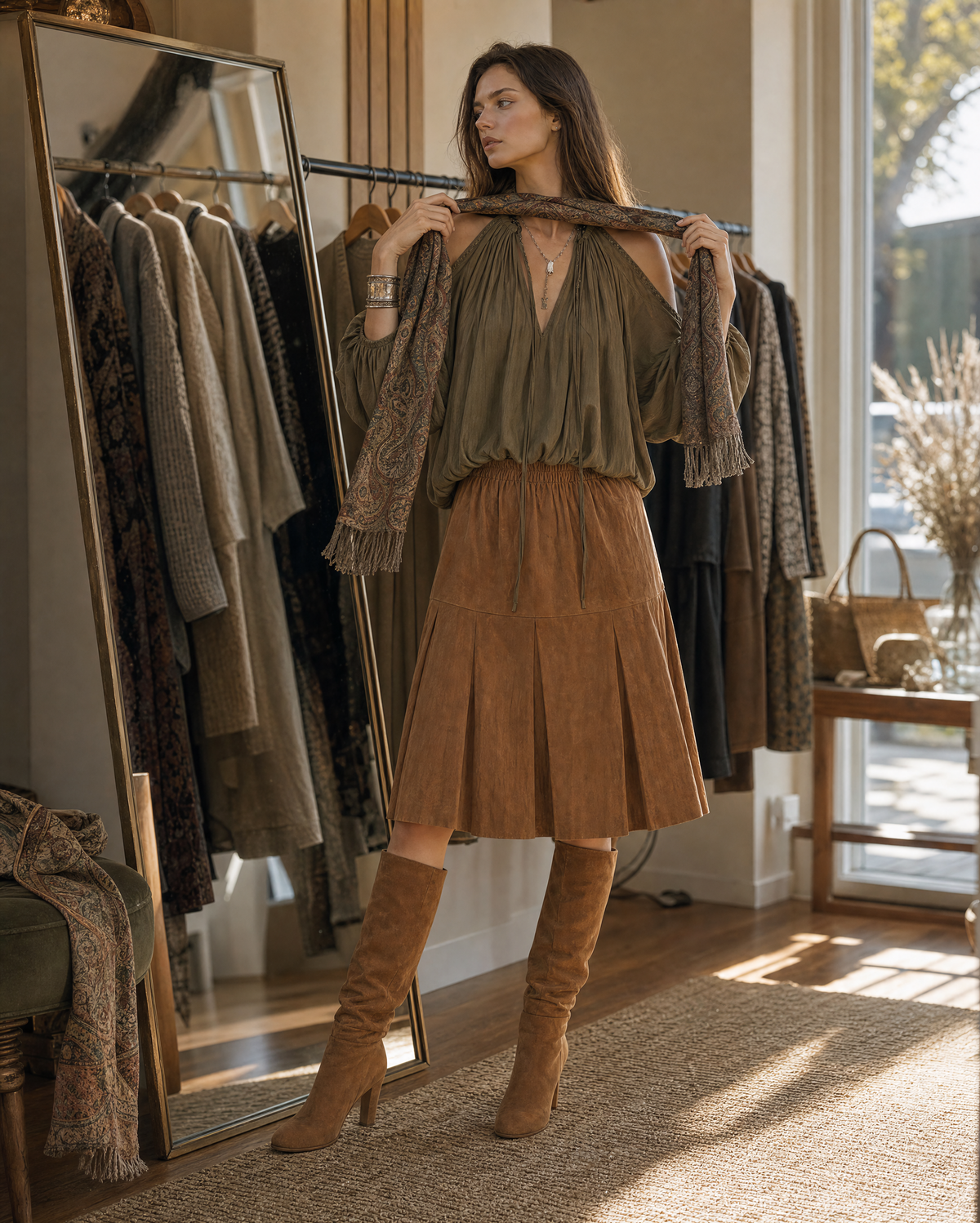 Bohemian Olive And Tan Halter Neck Cold-shoulder Blouse And Suede Pleated Midi Skirt Set MVA002410AA