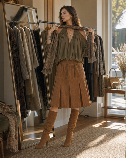 Bohemian Olive And Tan Halter Neck Cold-shoulder Blouse And Suede Pleated Midi Skirt Set MVA002410AA