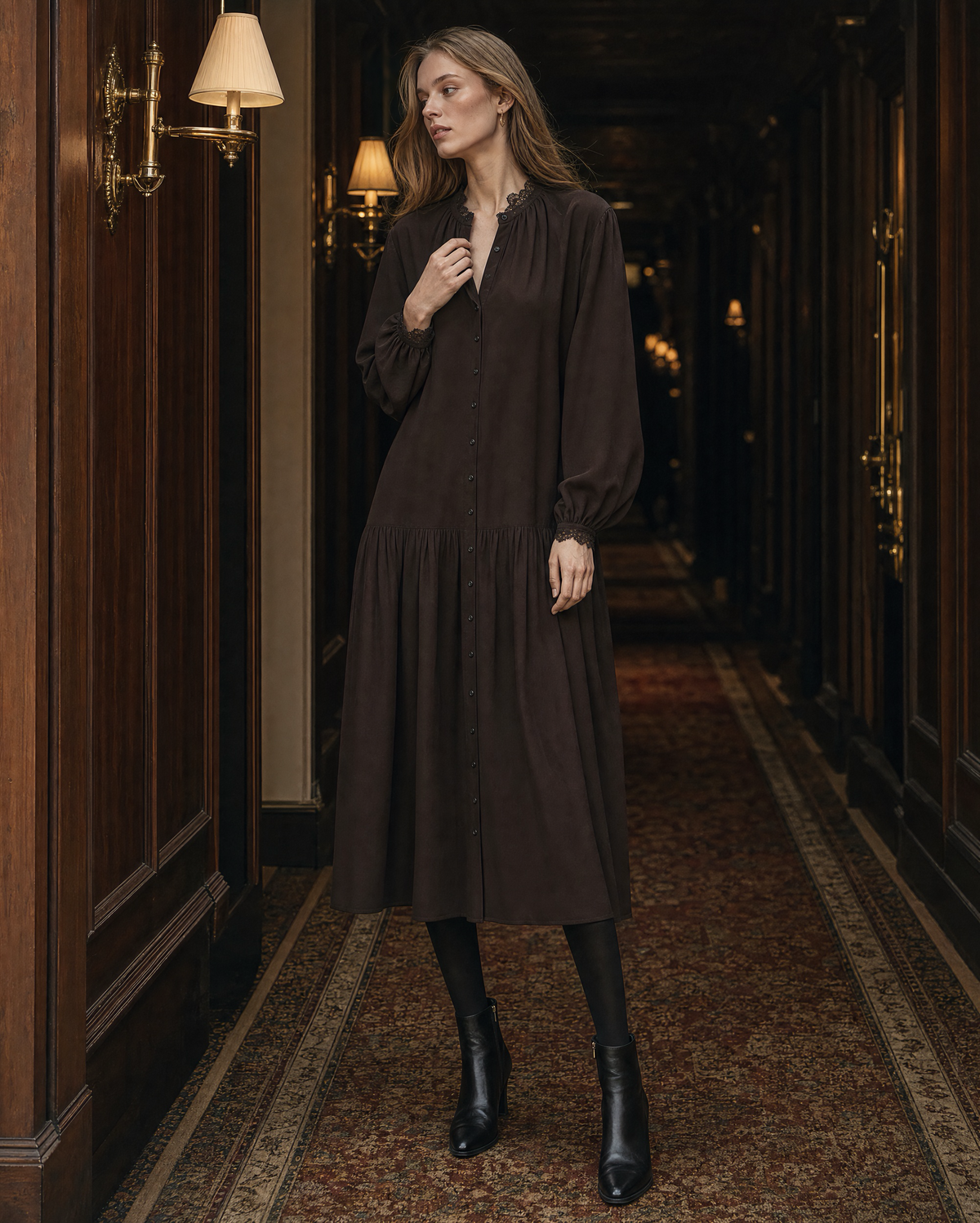 Vintage Dark Brown Woven Lace-trim Round-neck Long-sleeve Button-front Midi Dress MVA002420AA