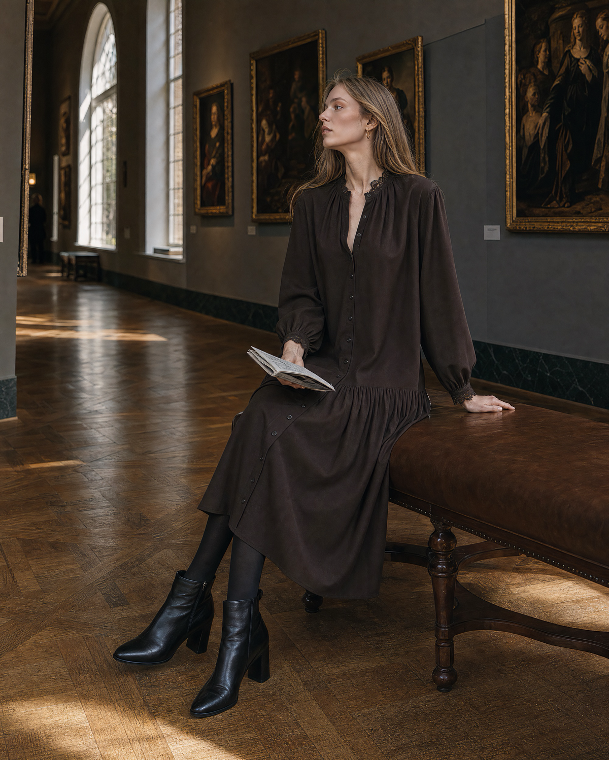 Vintage Dark Brown Woven Lace-trim Round-neck Long-sleeve Button-front Midi Dress MVA002420AA