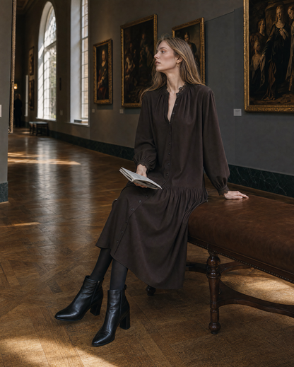 Vintage Dark Brown Woven Lace-trim Round-neck Long-sleeve Button-front Midi Dress MVA002420AA