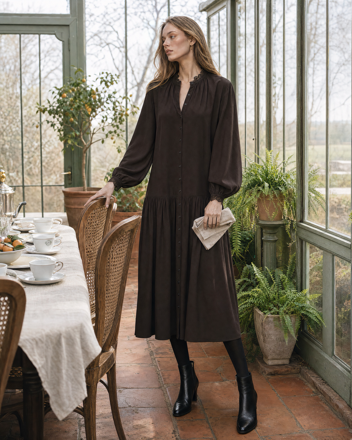 Vintage Dark Brown Woven Lace-trim Round-neck Long-sleeve Button-front Midi Dress MVA002420AA