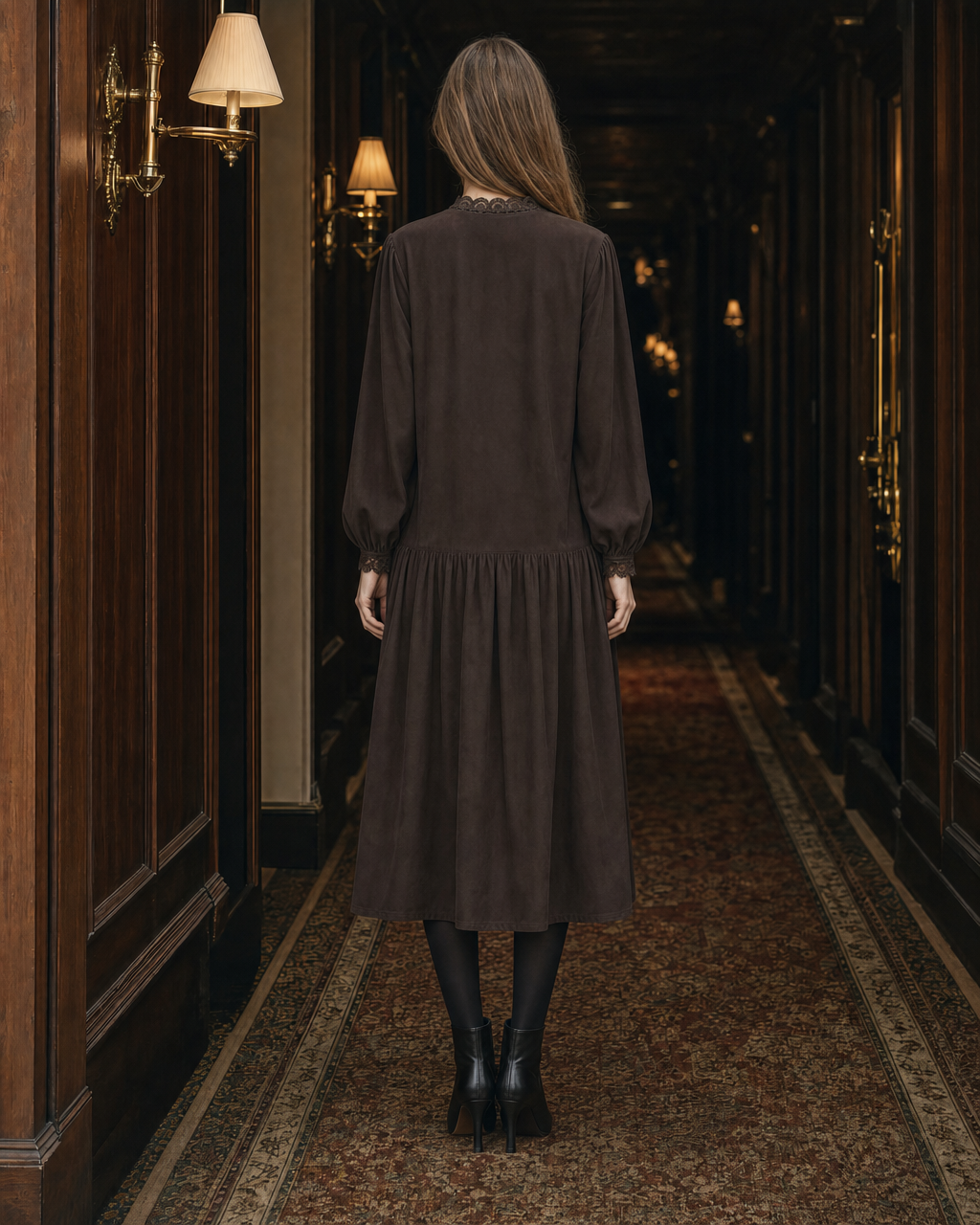 Vintage Dark Brown Woven Lace-trim Round-neck Long-sleeve Button-front Midi Dress MVA002420AA