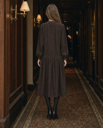 Vintage Dark Brown Woven Lace-trim Round-neck Long-sleeve Button-front Midi Dress MVA002420AA
