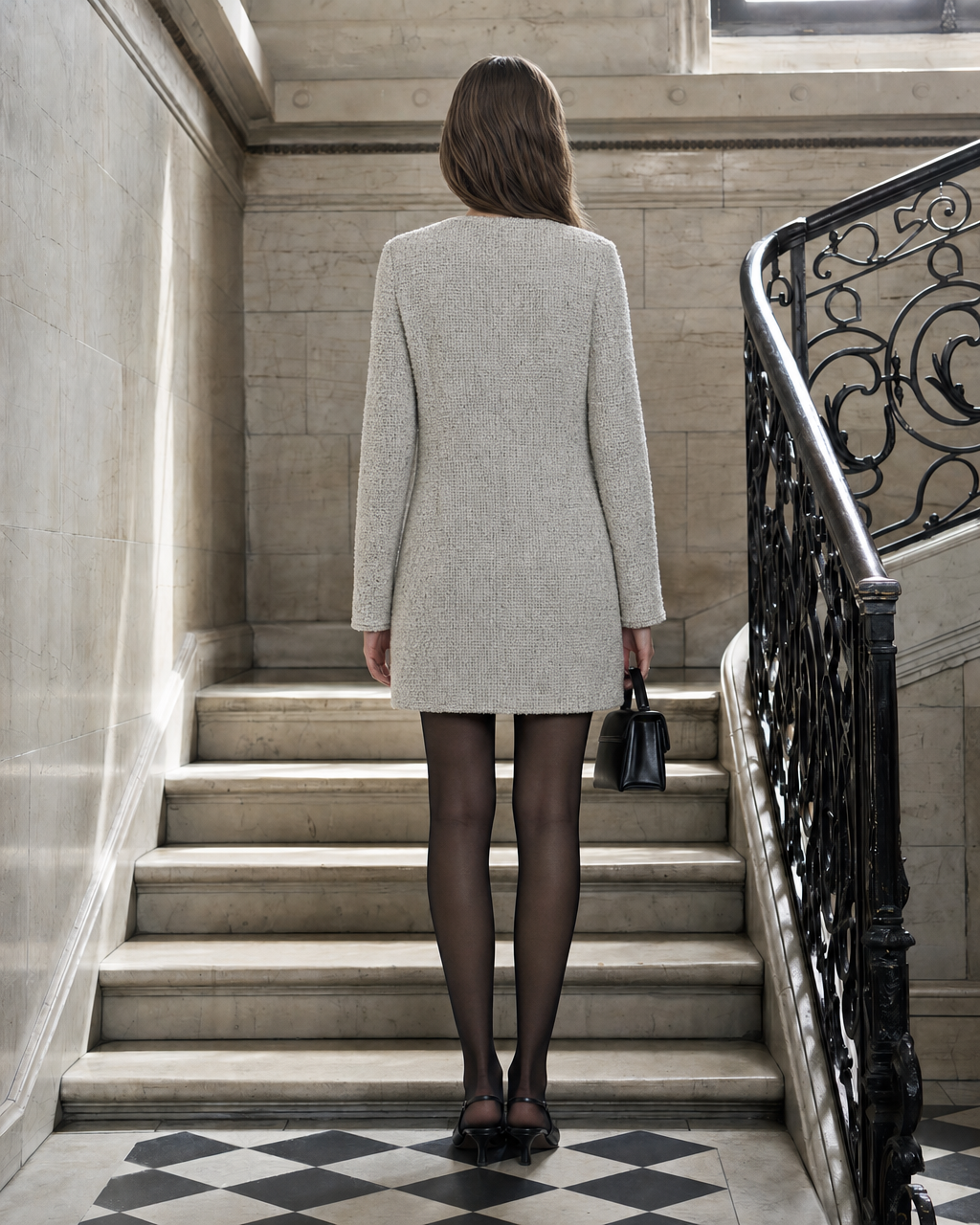Elegant Ivory Tweed Round-neck Long-sleeve Bow-detail Mini Shift Dress MVA002430AA