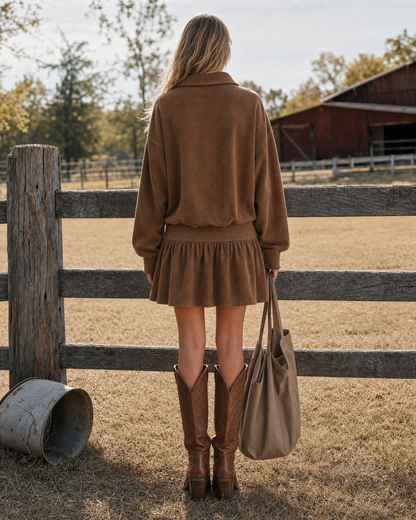 Casual Chestnut Brown Washed Knit Point-collar Long-sleeve Drop-waist Mini Dress MVA002460AA