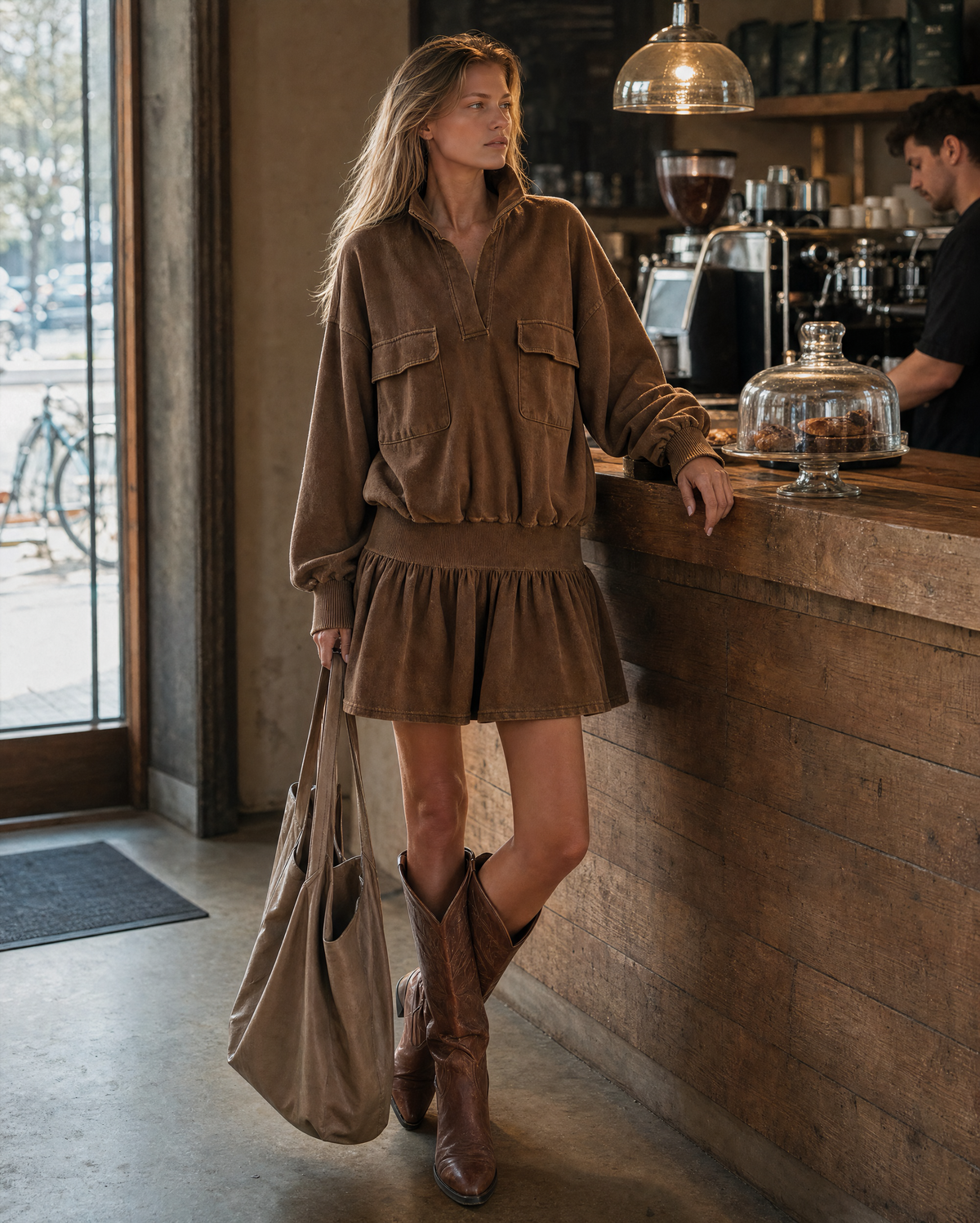 Casual Chestnut Brown Washed Knit Point-collar Long-sleeve Drop-waist Mini Dress MVA002460AA