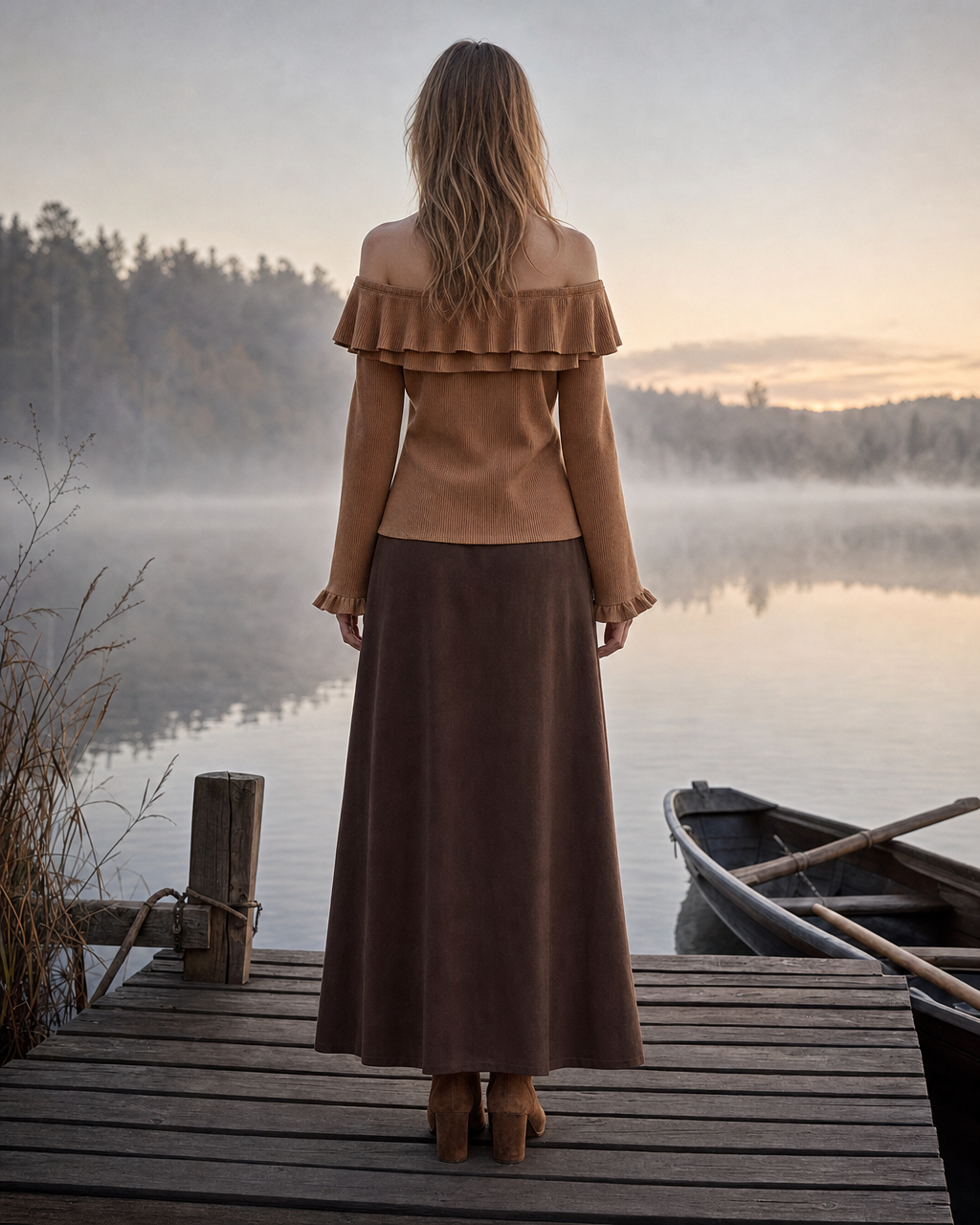 Elegant Camel and Chocolate Off-shoulder Long-sleeve Ruffle Top and Maxi Skirt Set MVA002480AA