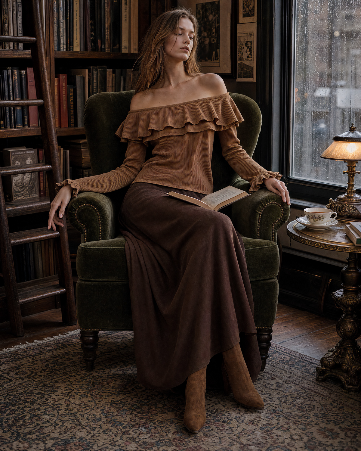 Elegant Camel and Chocolate Off-shoulder Long-sleeve Ruffle Top and Maxi Skirt Set MVA002480AA