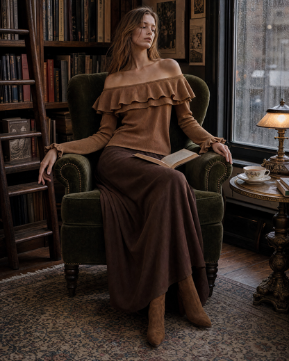 Elegant Camel and Chocolate Off-shoulder Long-sleeve Ruffle Top and Maxi Skirt Set MVA002480AA