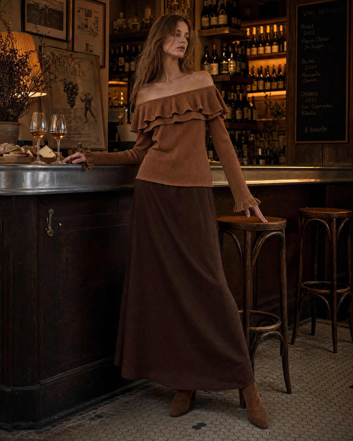Elegant Camel and Chocolate Off-shoulder Long-sleeve Ruffle Top and Maxi Skirt Set MVA002480AA