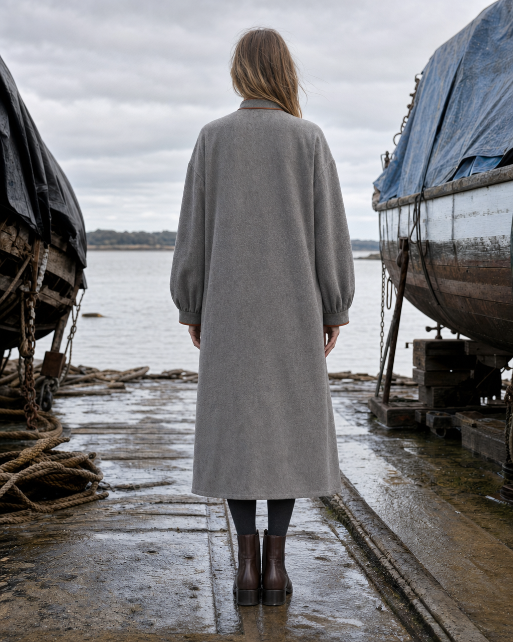 Casual Grey Brushed Wool-blend Stand-collar Long-sleeve Midi Coat MVA002490AA
