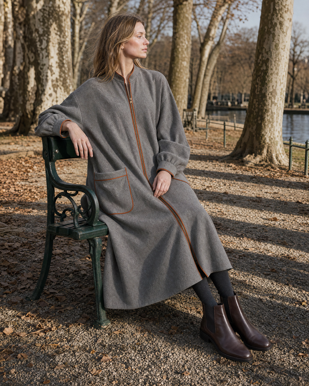 Casual Grey Brushed Wool-blend Stand-collar Long-sleeve Midi Coat MVA002490AA