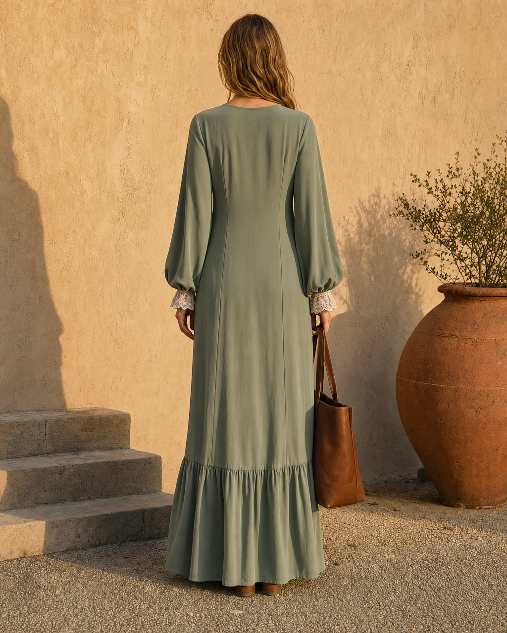 Bohemian Sage Green Woven Lace-trim V-neck Long-sleeve Maxi Dress MVA002500AA