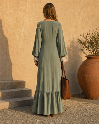 Bohemian Sage Green Woven Lace-trim V-neck Long-sleeve Maxi Dress MVA002500AA
